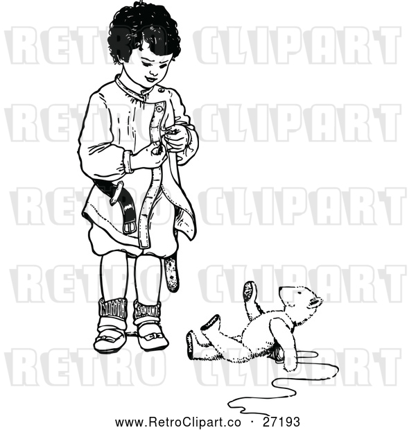 Vector Clip Art of a Retro Boy Standing Beside a Teddy Bear on the Ground - Black and White