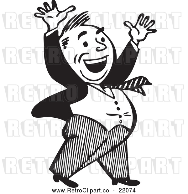 Vector Clip Art of a Retro Businessman Celebrating in Black and White