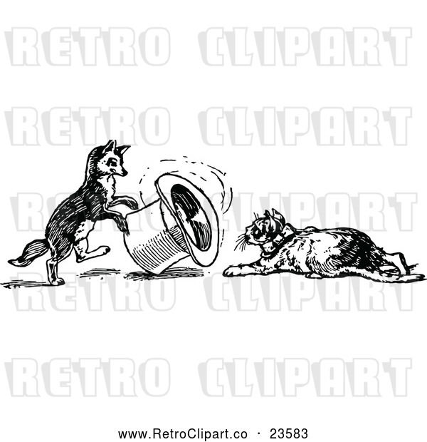 Vector Clip Art of a Retro Cat and Dog Playing with a Hat