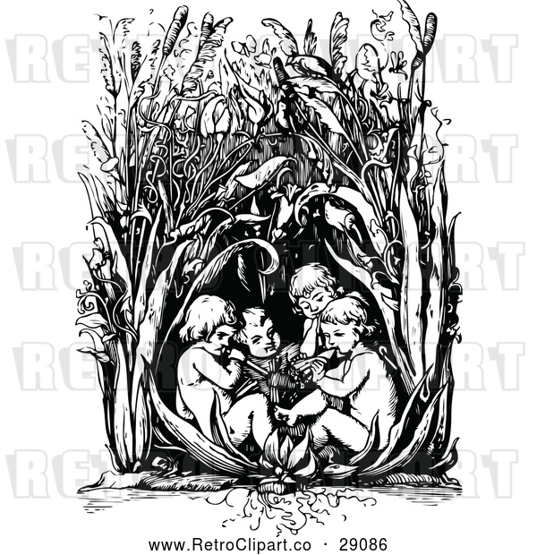 Vector Clip Art of a Retro Children Playing in Tall Plants - Black and White