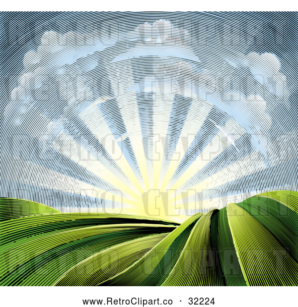 Vector Clip Art of a Retro Clouds with Sunrise over Farmland
