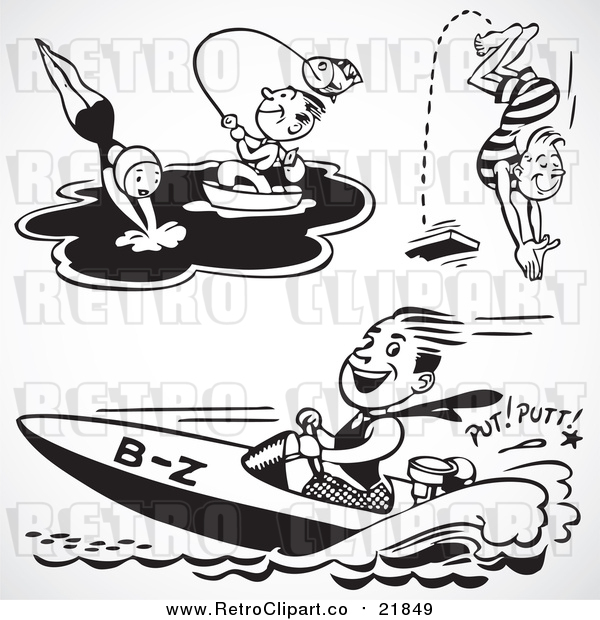 Vector Clip Art of a Retro Collage Featuring People Swimming, Fishing and Boating