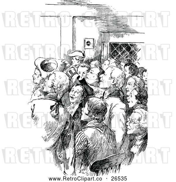 Vector Clip Art of a Retro Crowd of Men Inside a Buidling