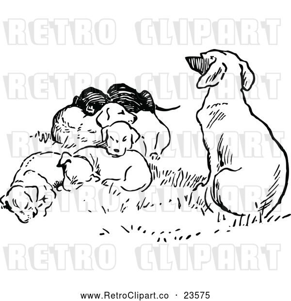 Vector Clip Art of a Retro Dog with Puppies