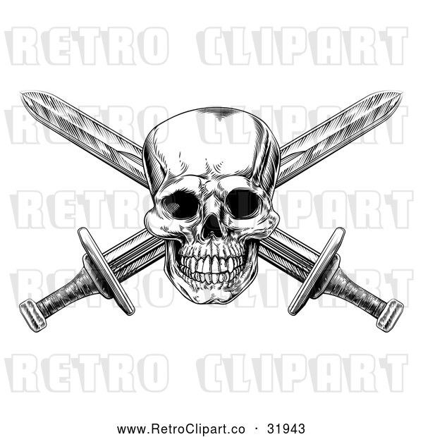 Vector Clip Art of a Retro Engraved Pirate Skull with Crisscrossed Swords in Black and White