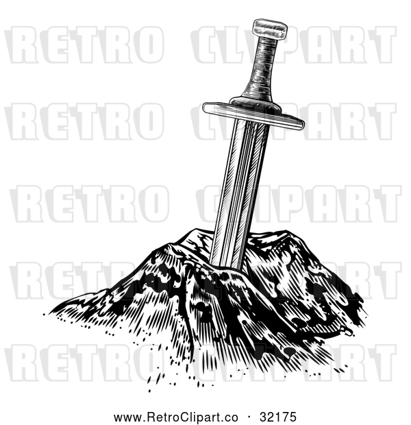 Vector Clip Art of a Retro Excalibur Sword Fused in Stone - Black Lineart Version