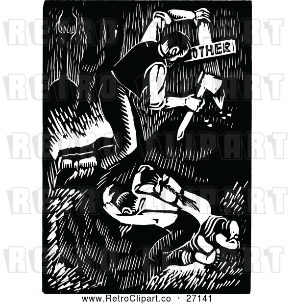 Vector Clip Art of a Retro Family Burying Their Dead Mother - Black and White