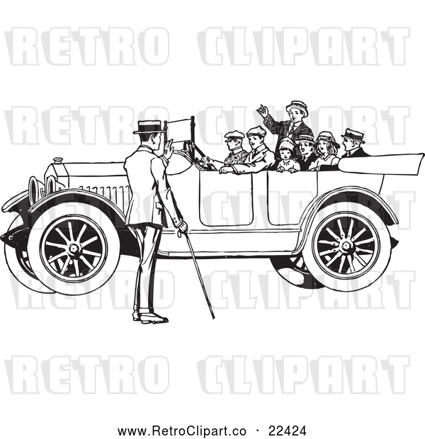 Vector Clip Art of a Retro Family in a Old Convertible Car