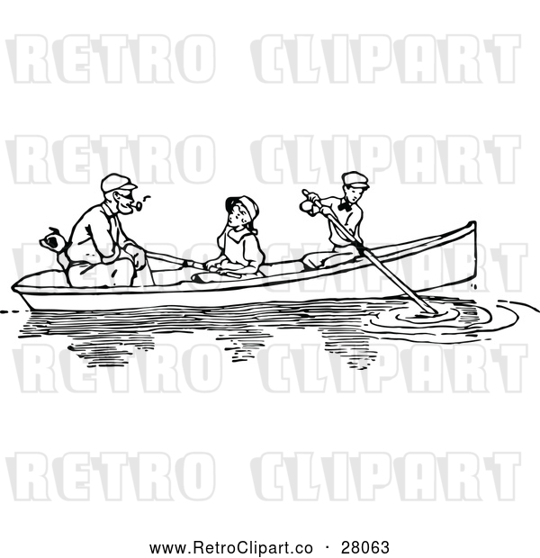 Vector Clip Art of a Retro Father, Dog, and Children Paddling a Boat