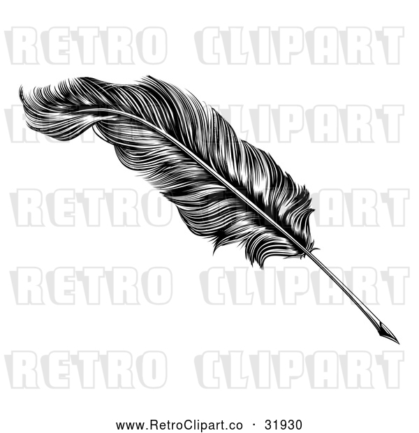 Vector Clip Art of a Retro Feather Quill Pen in Black and White