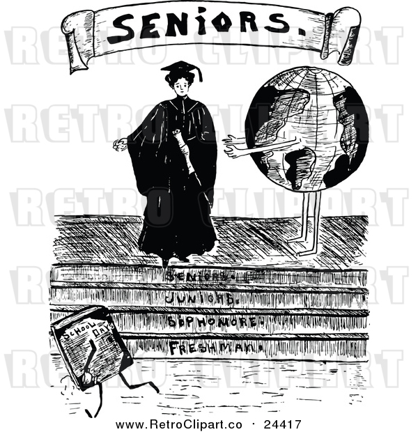Vector Clip Art of a Retro Female Senior Graduate Beside a Globe