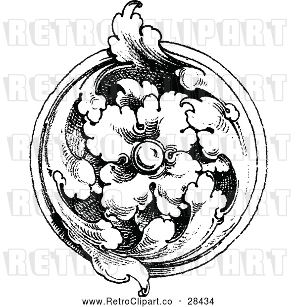 Vector Clip Art of a Retro Floral Medallion in Black and White
