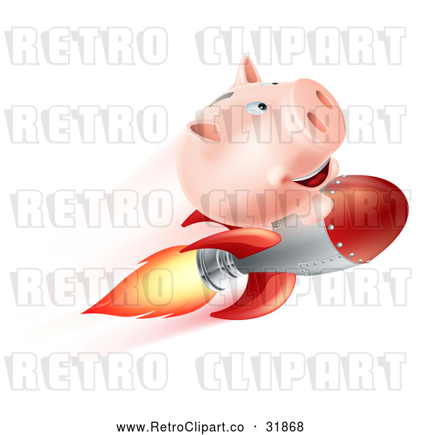 Vector Clip Art of a Retro Flying Cartoon Piggy Bank on a Rocket