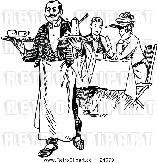 Vector Clip Art of a Retro French Waiter and Diners