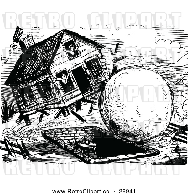 Vector Clip Art of a Retro Giant Snowball Hitting a House