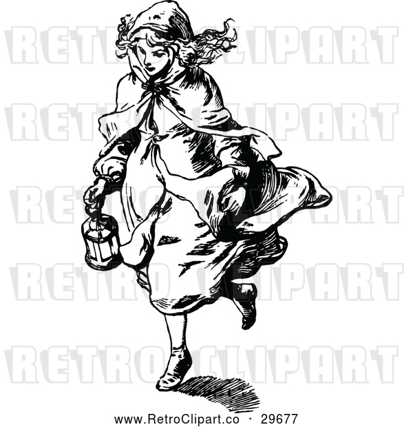 Vector Clip Art of a Retro Girl Carrying a Lantern