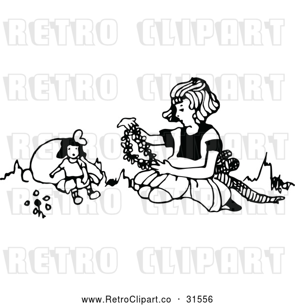 Vector Clip Art of a Retro Girl Making a Floral Necklace for Her Doll