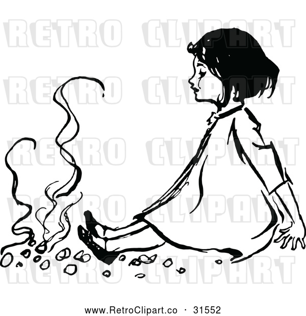 Vector Clip Art of a Retro Girl Sitting by a Fire