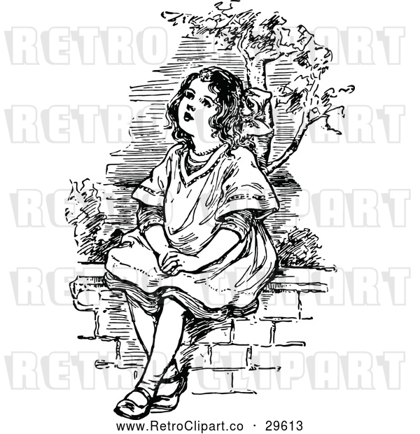 Vector Clip Art of a Retro Girl Sitting on a Wall