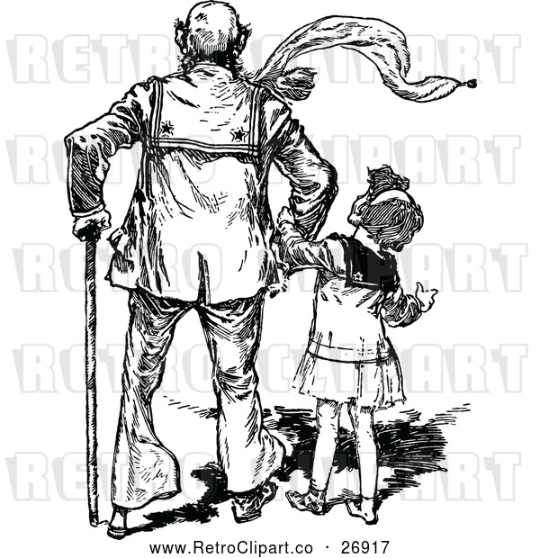 Vector Clip Art of a Retro Girl with Her Grandfather