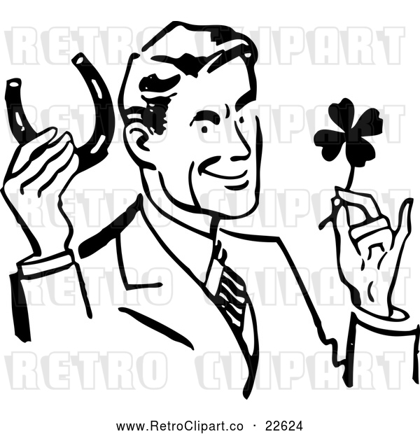 Vector Clip Art of a Retro Good Luck Man with a Horseshoe and Four Leaf Clover