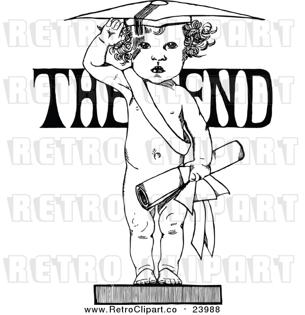 Vector Clip Art of a Retro Graduate Baby Standing in Front of 'the End'