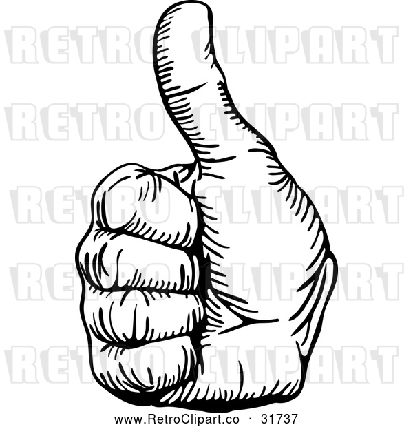 Vector Clip Art of a Retro Hand Gesturing Thumb up in Black Outline