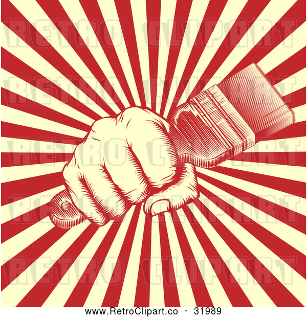 Vector Clip Art of a Retro Human Fist Gripping a Paint Brush over Rays - Red Version