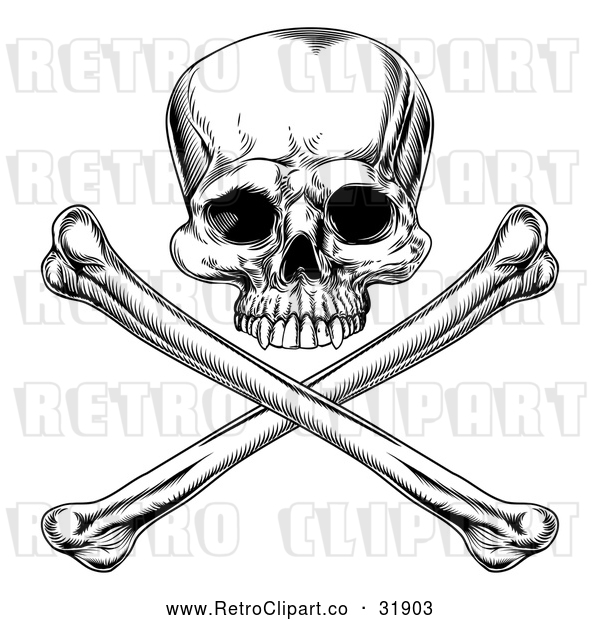 Vector Clip Art of a Retro Jolly Roger Skull with Crossbones Below in Black and White