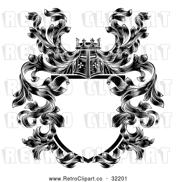 Vector Clip Art of a Retro Knights Great Helm Helmet with Filigree Crest Coat of Arms Shield in Black Lineart