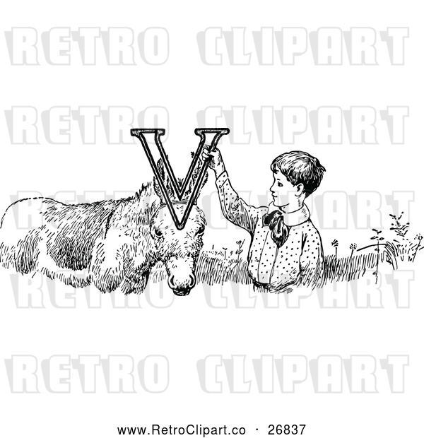 Vector Clip Art of a Retro Letter Alphabet V Boy and Donkey