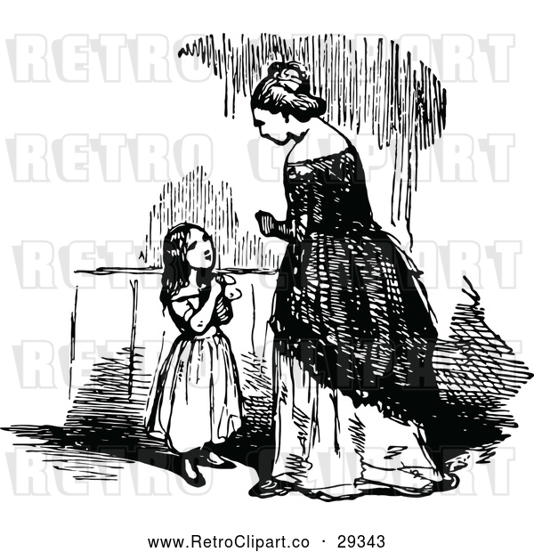 Vector Clip Art of a Retro Little Girl Asking Woman Question - Black and White