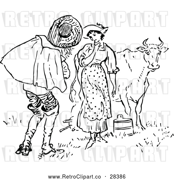 Vector Clip Art of a Retro Man and Milk Maid with Cow