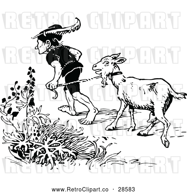 Vector Clip Art of a Retro Man Leading a Goat