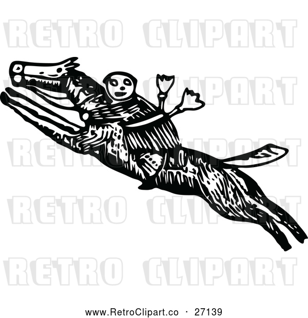 Vector Clip Art of a Retro Man Riding Fast Via Horseback