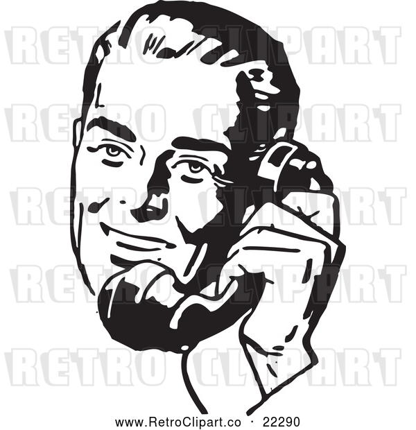 Vector Clip Art of a Retro Man Talking on Old Phone - Black and White