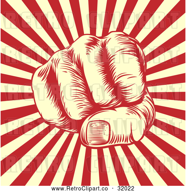 Vector Clip Art of a Retro Man's Fist over Beige and Red Rays