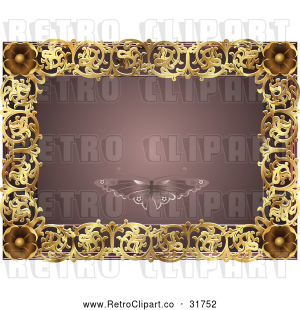 Vector Clip Art of a Retro Mauve and Gold Butterfly Frame with Copyspace