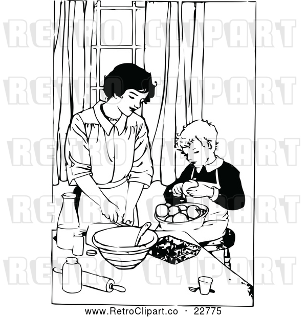 Vector Clip Art of a Retro Mother Cooking with Her Son