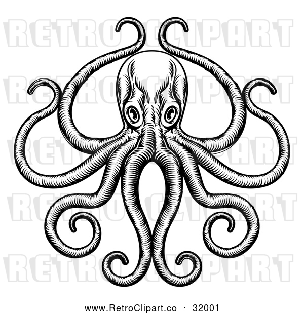 Vector Clip Art of a Retro Octopus and Long Tentacles in Black and White