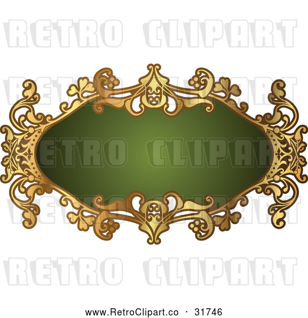 Vector Clip Art of a Retro Ornate Green and Gold Frame with Blank Space