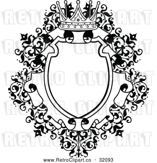 Vector Clip Art of a Retro Ornate Vintage Floral Frame with a Crown in Black Lineart