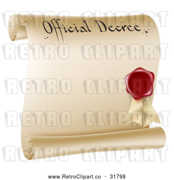 Vector Clip Art of a Retro Paper Scroll Official Decree and Red Wax Seal with Copyspace