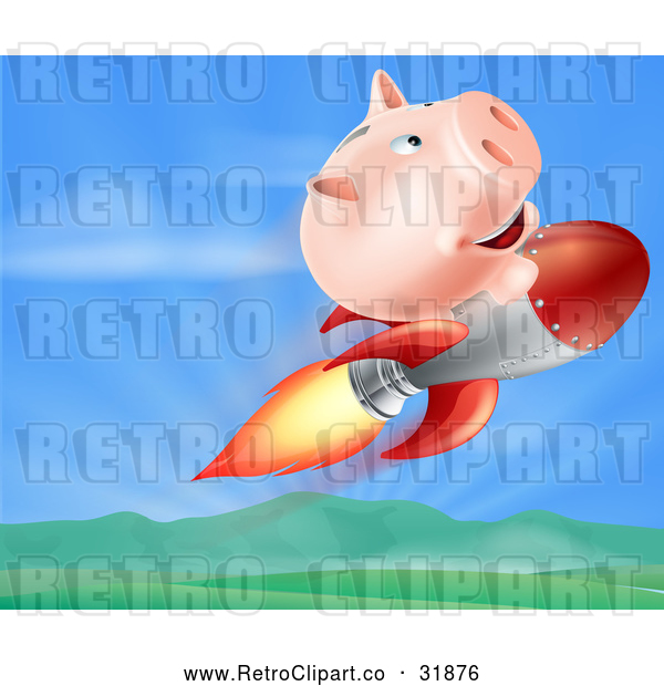 Vector Clip Art of a Retro Pig Bank Riding a Rocket over a Valley