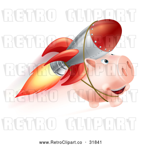 Vector Clip Art of a Retro Piggy Bank Flying with a Rocket Strapped to Its Back