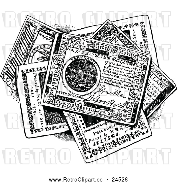 Vector Clip Art of a Retro Pile of Continental Money Bills in Black and White