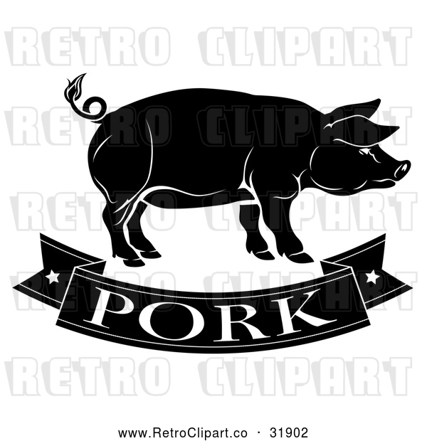 Vector Clip Art of a Retro 'Pork' Banner with Pig in Black