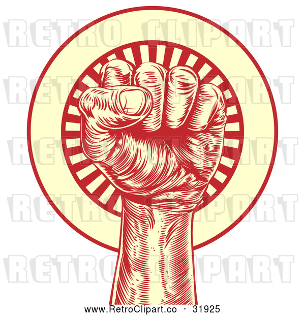Vector Clip Art of a Retro Revolutionary Fist over a Circle of Rays - Red and Yellow Theme
