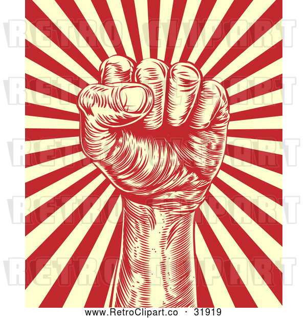 Vector Clip Art of a Retro Revolutionary Fist over Beige and Red Rays