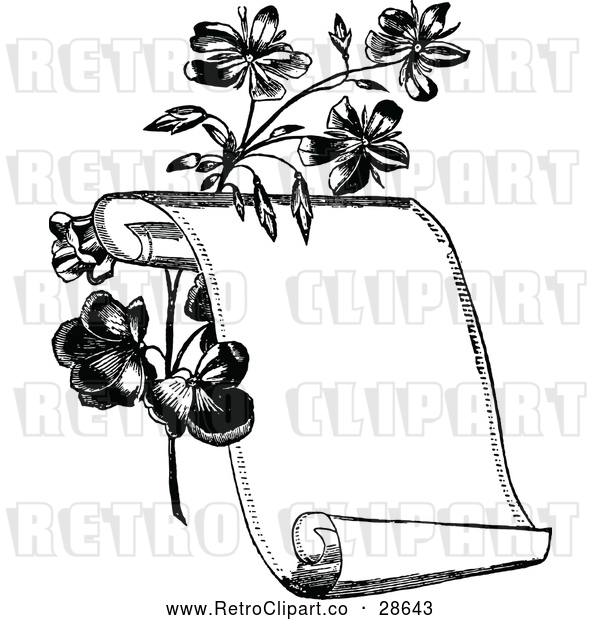 Vector Clip Art of a Retro Scroll Beside Flowers